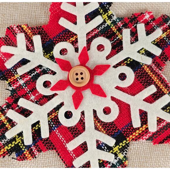 Plaid Snowflake Christmas Stocking 15" Red Beige Button Accent Hanging Loop - Picture 10 of 11